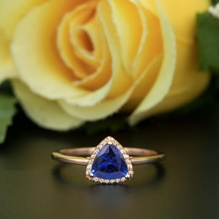 - Art Deco 1.25 Carat Trillion Cut Real Sapphire and Diamond Engagement Ring in 18k Gold Over Silver