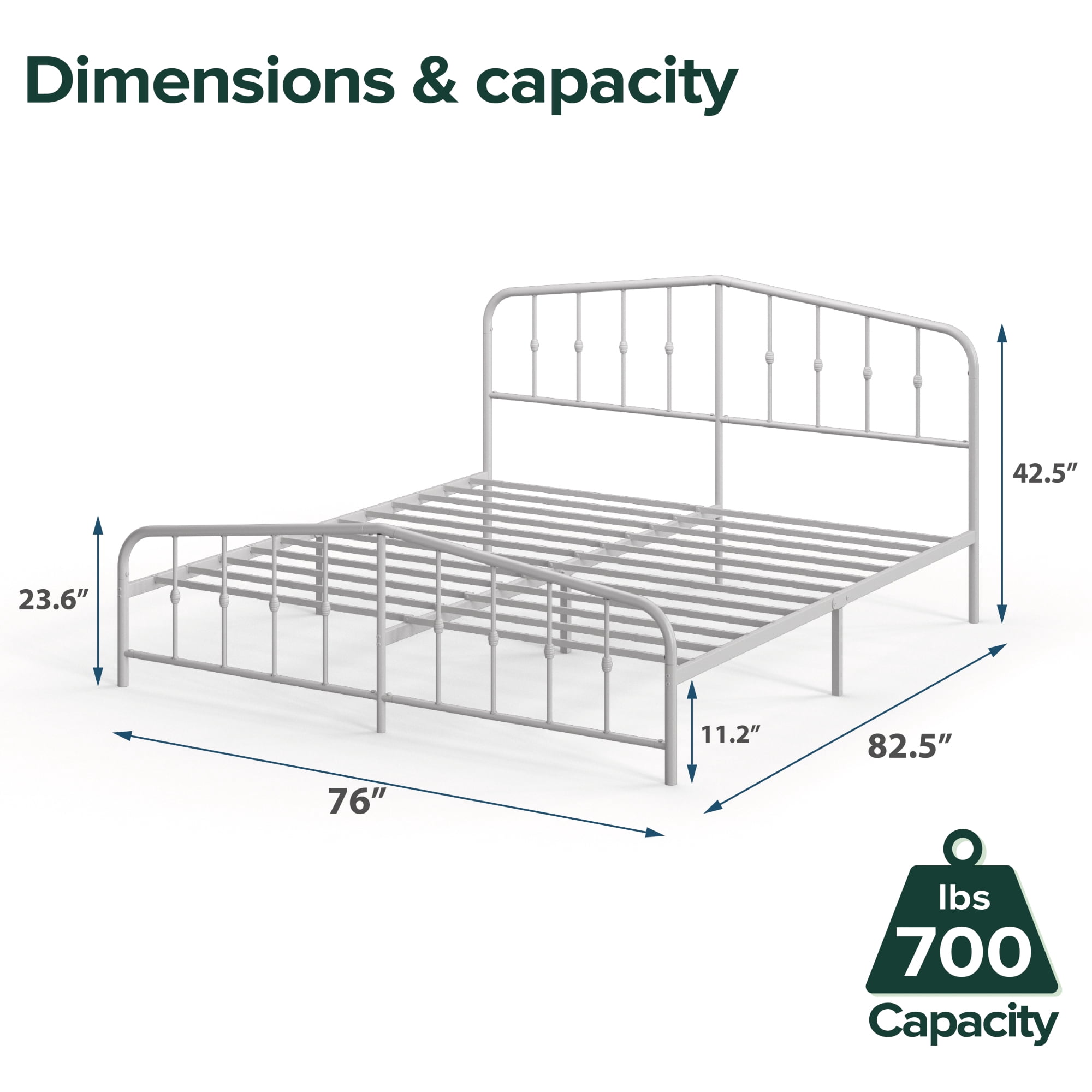 Zinus Heidi 42.5" Farmhouse Metal Platform Bed Frame, No Box Spring Needed, White, King