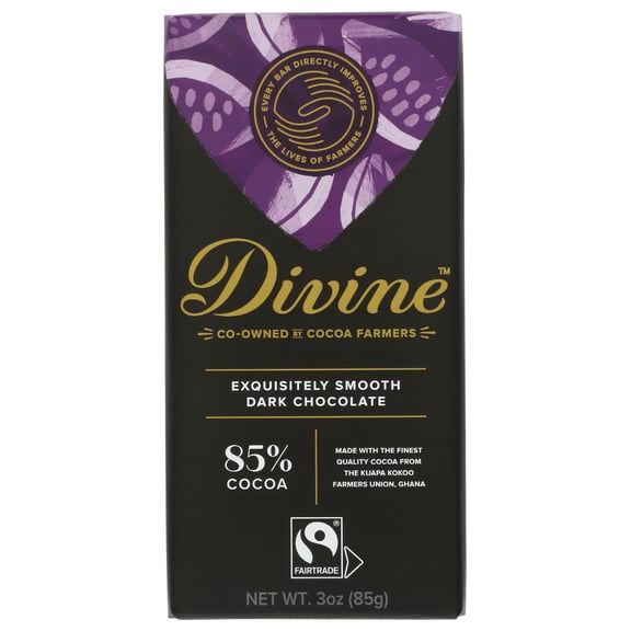 Pack of 12, Divine Chocolate 85% Exquisitely Smooth Dark Chocolate, 3 oz