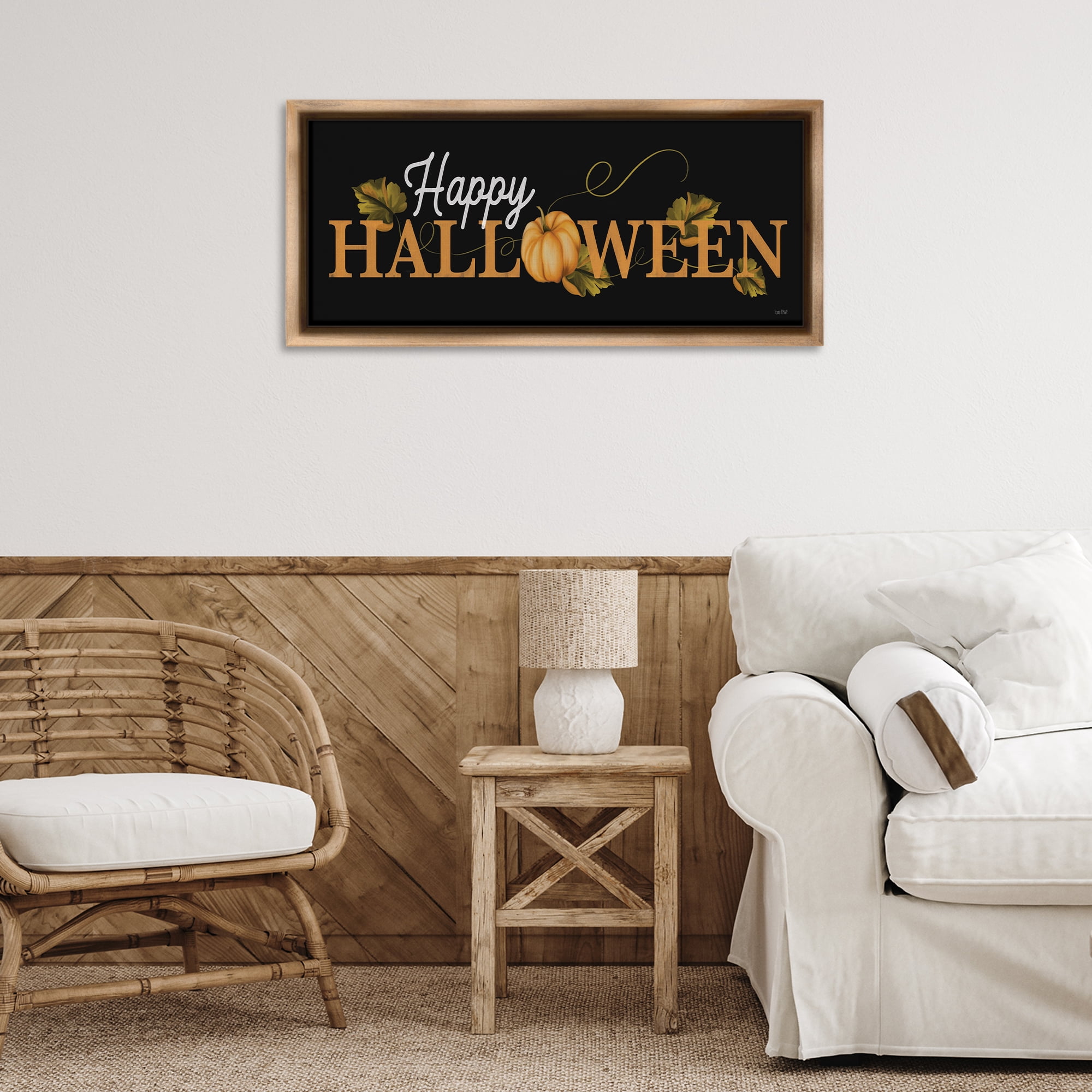 Stupell Industries Happy Halloween on Black Holiday Painting Brown Floater Framed Art Print Wall Art, 31 x 14
