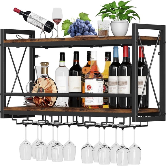 Wall Mounted Wine Rack, Bottle & Glass Holder Wood-Metal Retro Wine Rack, Wine Bottles Display Wall Storage for Kitchen Dining Room Home Bar