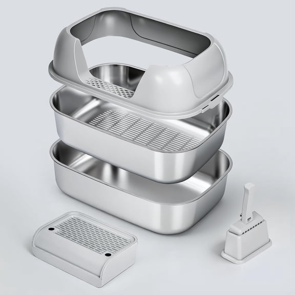 Stainless Steel Sifting Litter Box with Lid X-Large 22.8 x 16.5 x 11.8 Inch With Enclosure and Step