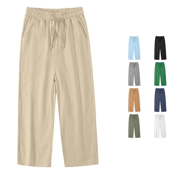 WAYUTE Pants for Boys Elastic Waist Straight Leg Cotton Linen Breathable Baggy Pants with Pockets for Kids Solid Color Soft Playwear Casual Outdoor,10-11 Y,Khaki
