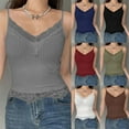 thumbnail image 1 of Ladies Tank Tops Lace Trim Ribbed Deep V Neck Crop Camis Slim Fit Sleeveless Tanks Ladies Camisoles Brown M, 1 of 4