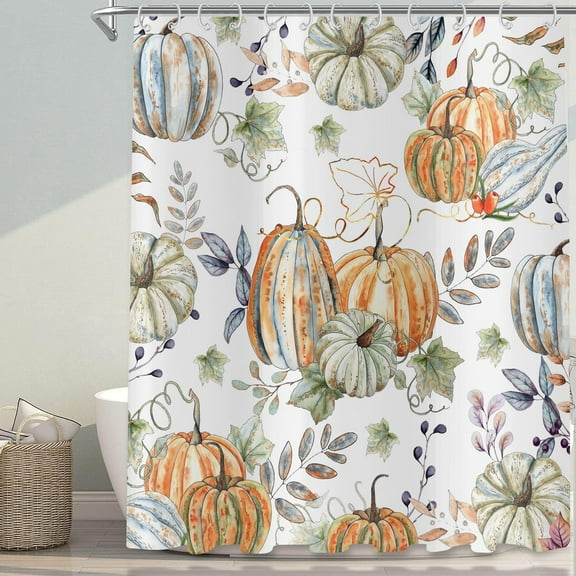 Pumpkin Shower Curtain, Fall Harvest Pattern Bath Curtains Yellow Green Watercolor Pumpkins Thanksgiving Bathroom Curtain Waterproof Fabric with Hooks for Home Decor, 72Wx72H