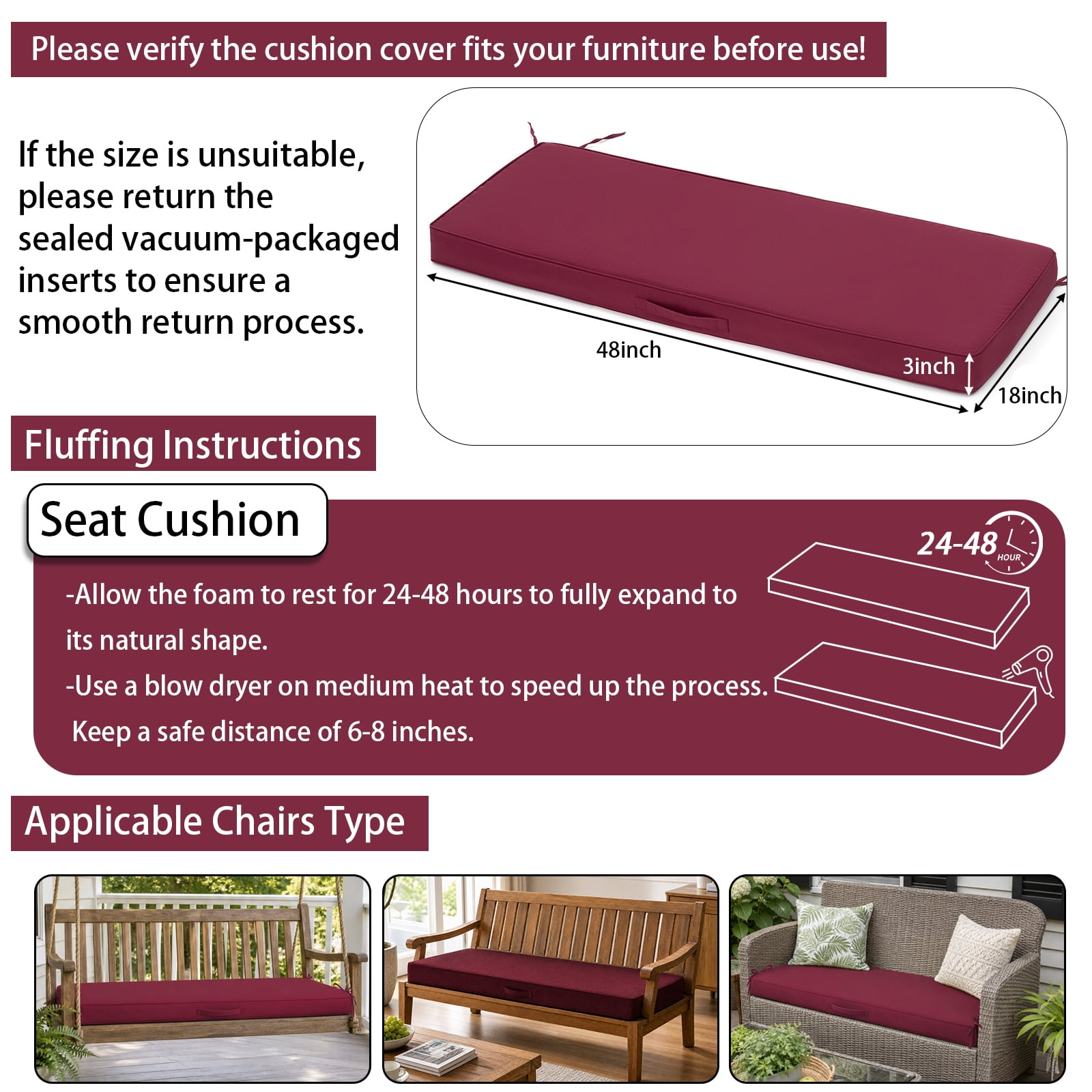 YEERSWAG 48x18x3 inch Outdoor Chair Cushions Bench Cushion Patio Chair Cushions Non Slip Removable Anti-fading Water Resistant Garden Loveseat Cushion with Handle