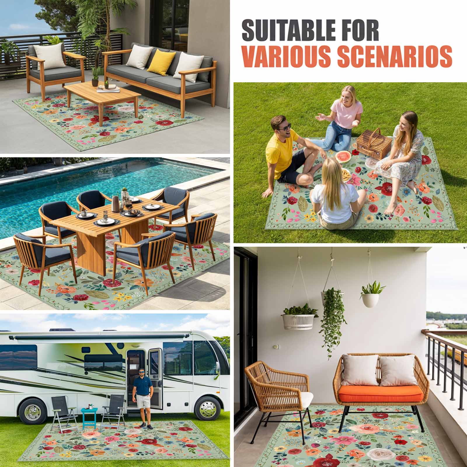 Sage Green Floral Outdoor Rug 3x5 Ft, Non Slip Washable Area Rug, Spring Flowers Leaves Farmhouse Patio Rugs Carpet Runner, Large Floor Mat for Indoor/Outdoor Deck Porch Camping