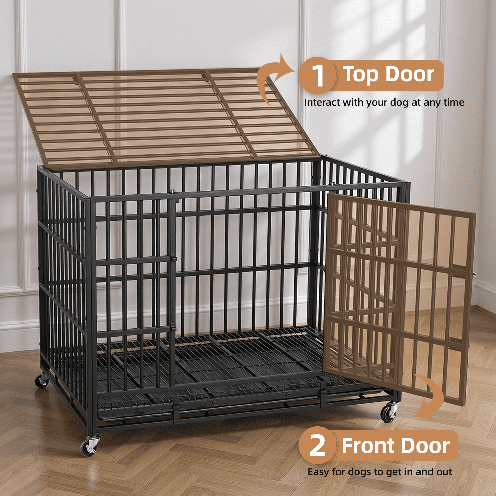 RichYa 42 inch Heavy Duty Indestructible Dog Crate, Escape-Proof Dog Crate Cage Kennel with 4 Lockable Wheels, High Anxiety Dog Crate with Double Door and Removable Tray Design, for Large Dogs