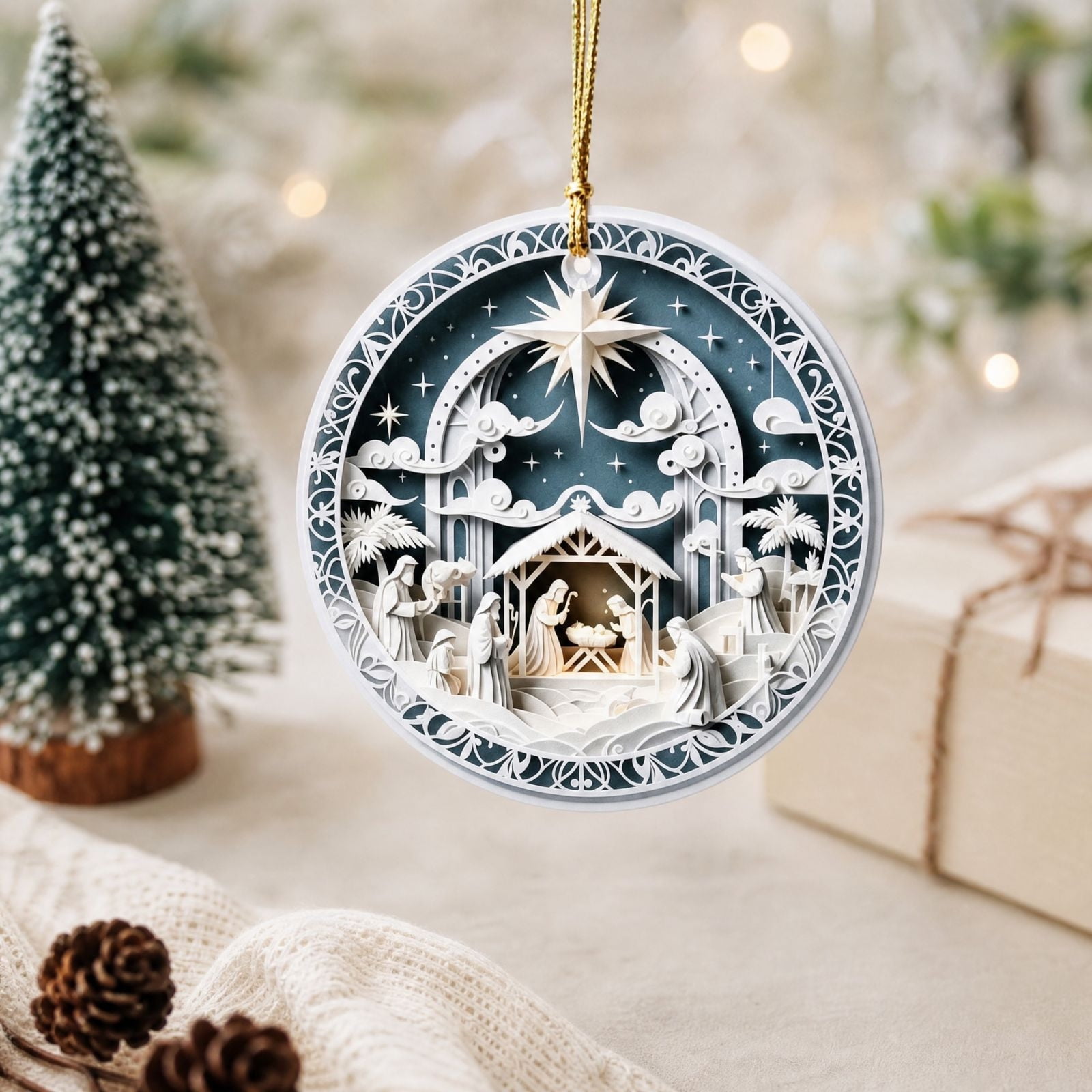 Nativity Scene Christmas Ornament Round Acrylic Hanging Ornament Paper-cut Style Holy Family Christmas Tree Decoration Religious Keepsake Gift for Home Holiday Party Decor Plastic Construction