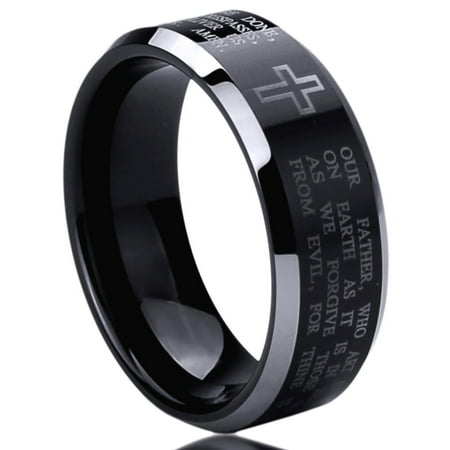 Stainless Steel 8mm Wedding Band Ring Lord's Prayer Engraved Cross Praying Black Ring (6 to