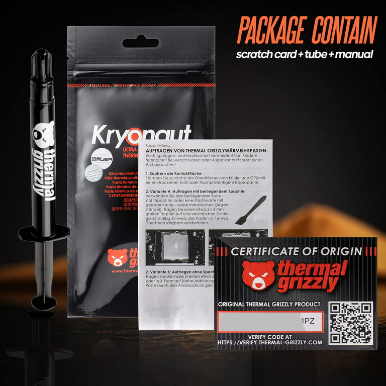 Thermal Grizzly Kryonaut The High Performance Thermal Paste for Cooling All  Processors, Graphics Cards and Heat Sinks in Computers and Consoles Combo  Extra Spatula, Cleaning Pads + Cloth (5.5 Gram) 