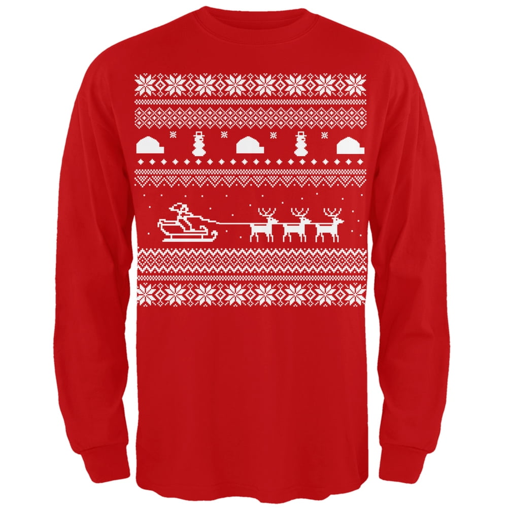 Santa Sleigh Ugly Christmas Sweater Red Adult Long Sleeve T-Shirt ...