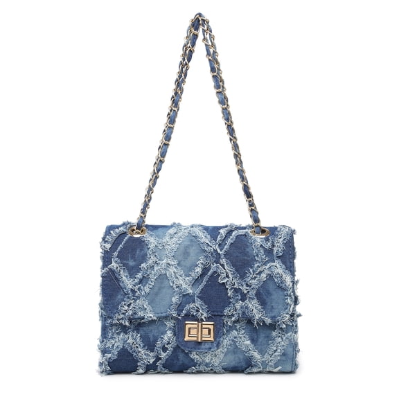 JULIE FERRARO Women Small Quilted Crossbody Shoulder Bag Casual Jean Denim Purse with Chain Strap