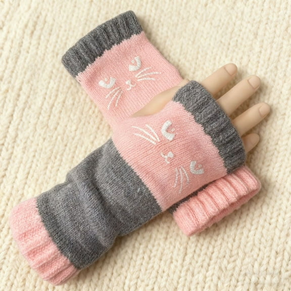 Women’s Knitted Fingerless Gloves with Cat Embroidery,Thick Warm Winter Gloves,Essential for winter travel Pink