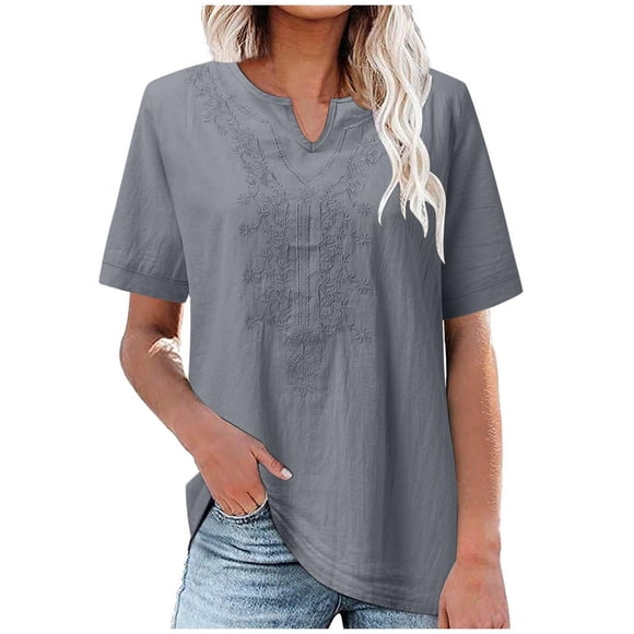 Yubnlvae Casual Mexican-Style Embroidered Blouses for Women Summer Must-Have Cotton Linen V-Neck T-Shirt with Loose Fit Trendy Solid Color Twist Front T-Shirt for Women (Grey | M)