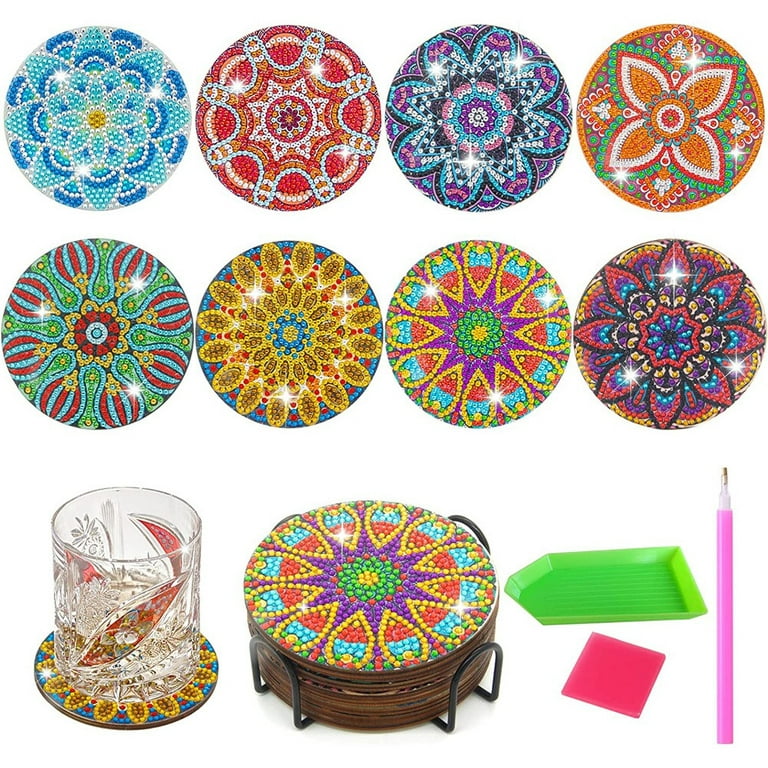 Fancy Diamond Painting Coasters Kit, 8 Pcs Mandala Diamond Painting Coasters with Holder, DIY Diamond Art Coasters for Beginners, Kids