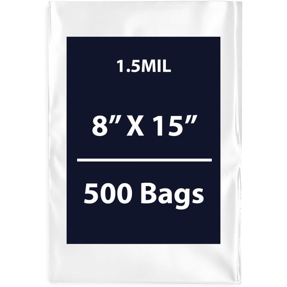 Clear Flat Poly Bags, 1.5Mil 8" X 15" & 500 Bags | Low-Density Polyethylene (LDPE), Flat Open Top Plastic Packaging Packing | Flexible and Durable Plastic Bags