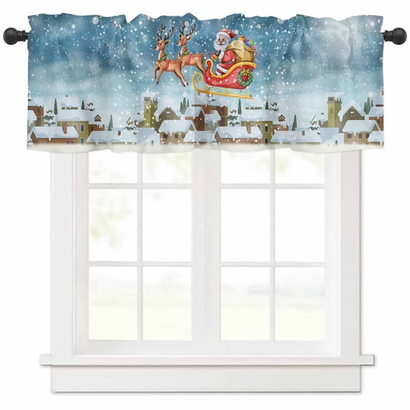 Christmas Santa Claus Valances for Windows, Reindeer Winter Snowflake House Light Filtering Window Treatment Valances, Rod Pocket Small Curtains for Kitchen/Bathroom, 56"x16"