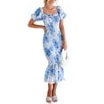 thumbnail image 3 of Coduop Women Floral Midi Dress Short Puff Sleeve Square Neck Bodycon Ruffle Mermaid Smocked Dress, 3 of 9