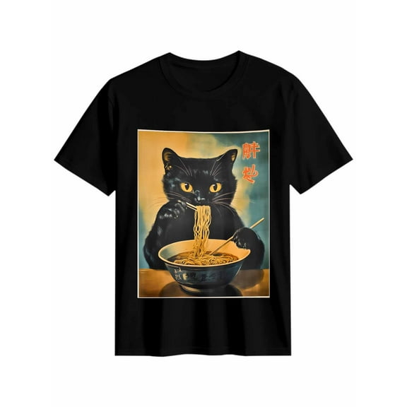 Women's T-Shirt Vintage Japanese Cat Funny Black Cat Eat Ramen Short Sleeve Casual Tee Classic Crew Neck T Shirt for Women Black, XL