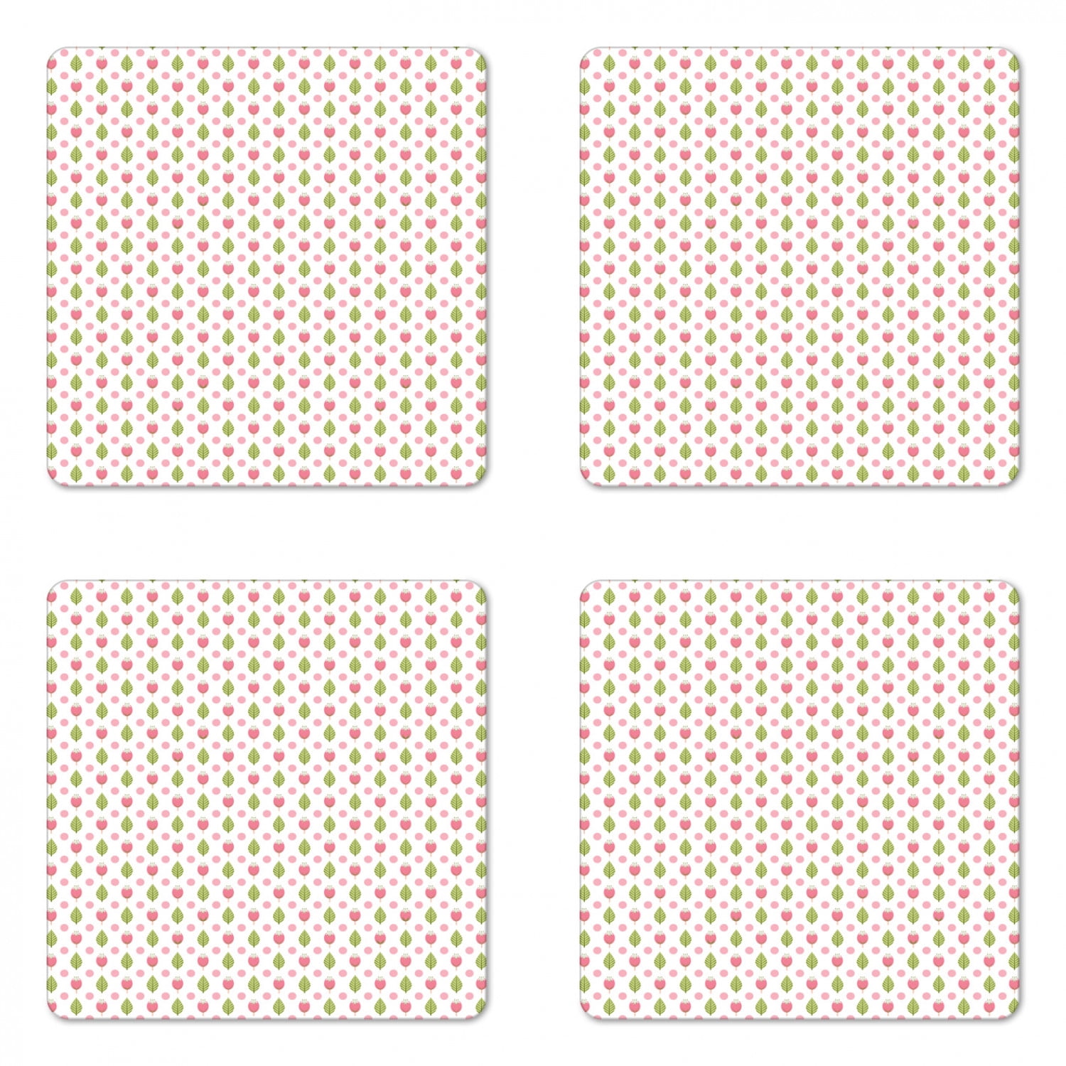 Spring Coaster Set of 4, Modern Abstract Flowers and Leaves Motifs with ...