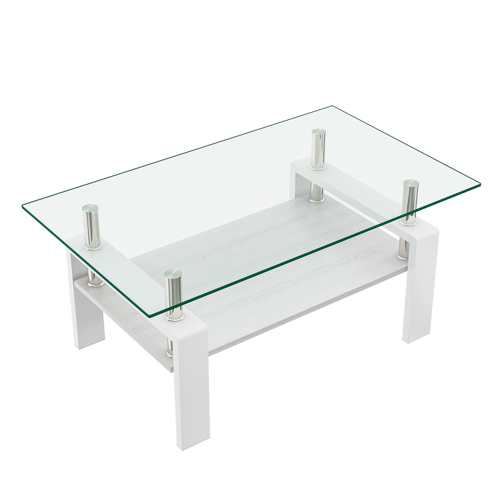 MAYEERTY Rectangle Coffee Table with Transparent Tempered Glass & MDF Shelf