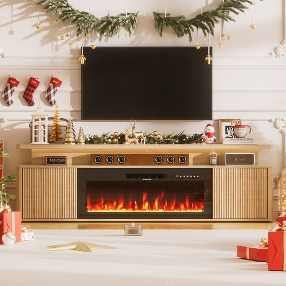 HARIPUL 70" Fireplace TV Stand for TVs Up to 80" with 36" Electric Fireplace, LED Light Entertainment Center, Dual-Layer Media Console Table with Storage Cabinet, Living Room TV Console, Wood