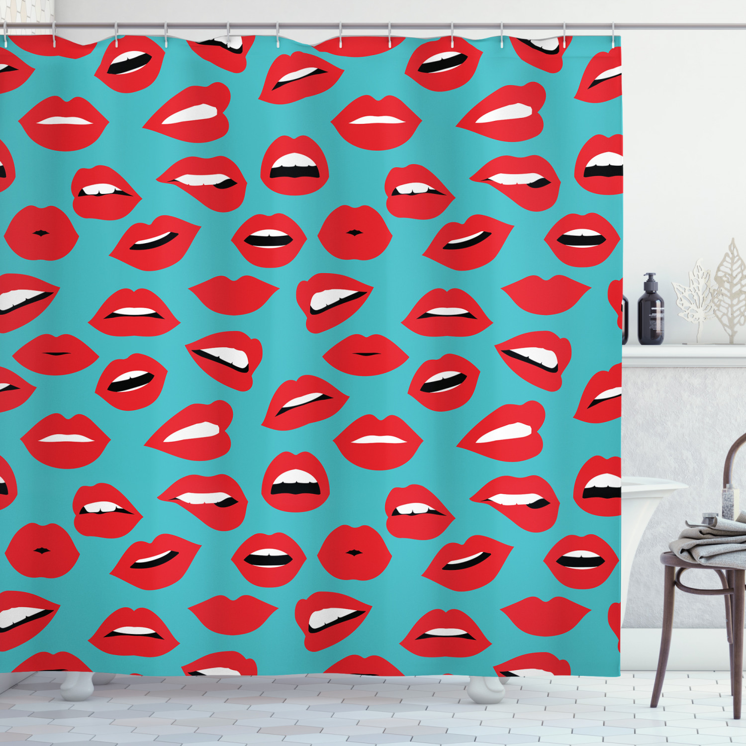 Kiss Shower Curtain, Retro Woman Mouth Red Lipstick Girl Expressing