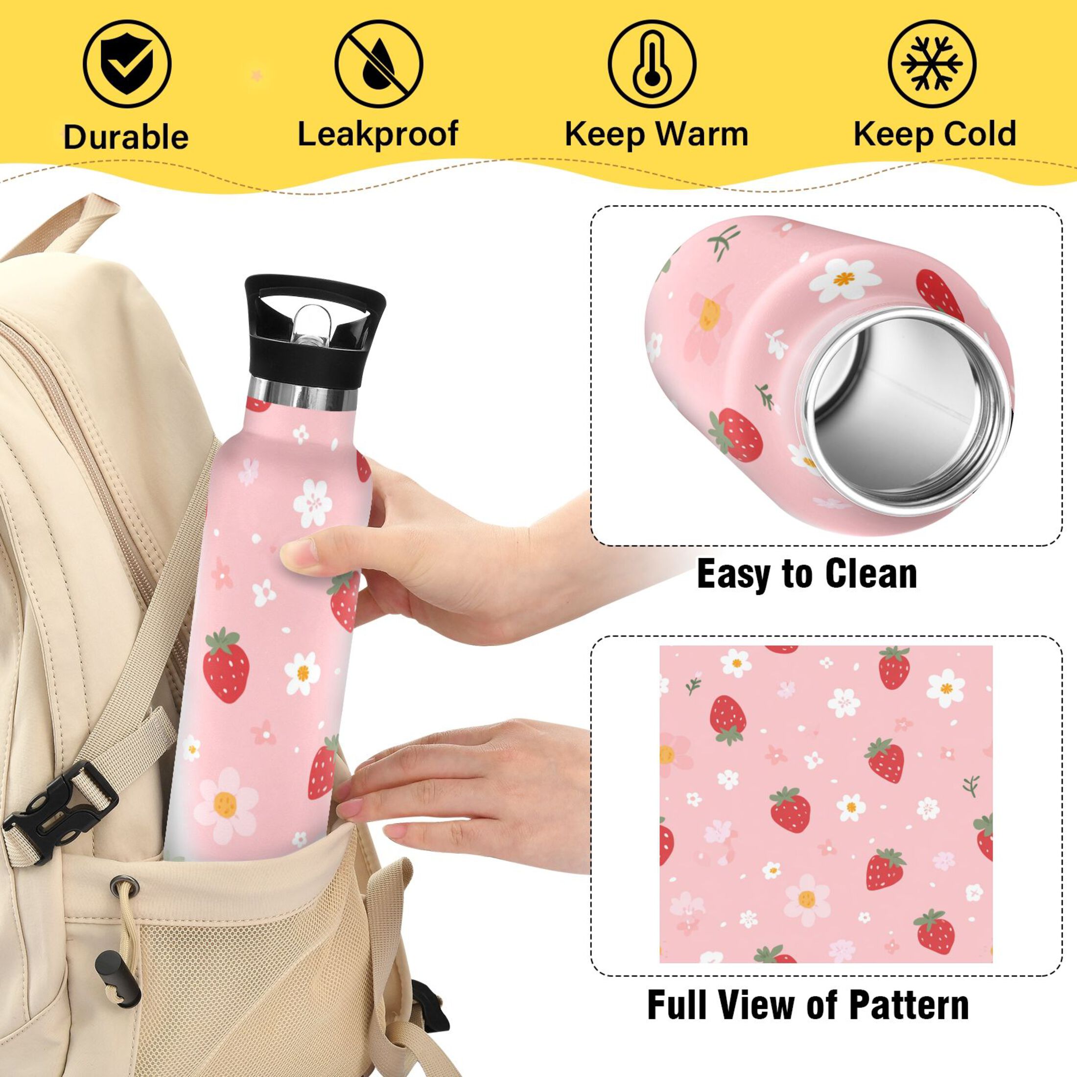 Kids Insulated Stainless Steel Sports Water Bottle 600ml (20oz) Strawberry and Flowers