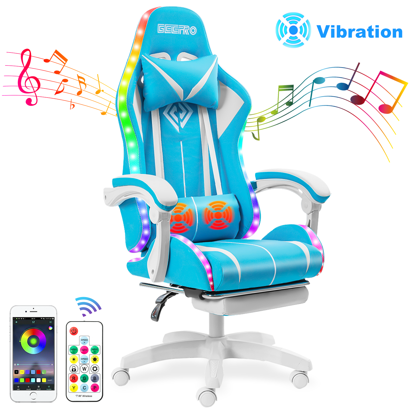 Geepro 450lb Gaming Chair with Bluetooth Speaker RGB LED Lights, Music