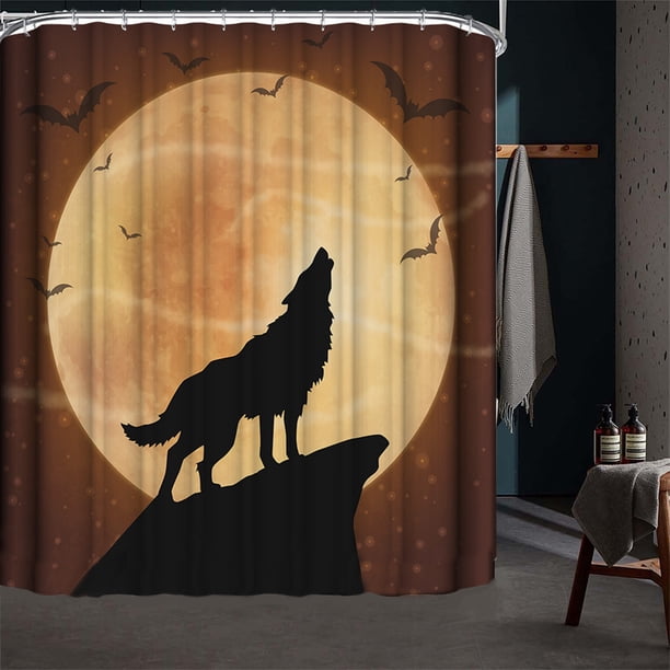 Fiudx Cortina de Ducha de Halloween, Diseño de Gatos Negros En Acuarela, Color Naranja y Amarillo, Poliéster, 12 Ganchos Incluidos, Decoración de Baño, Fácil Instalación, 180 X 180 Cm
