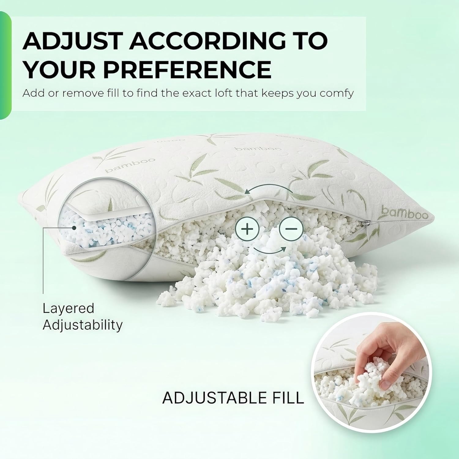 Sacred Thread Rayon Derived from Bamboo Cooling Pillow Filled with 100% Shredded Memory Foam. Adjustable Firmness. Rayon Derived from Bamboo Pillow (White) (1 Pack) (Queen)