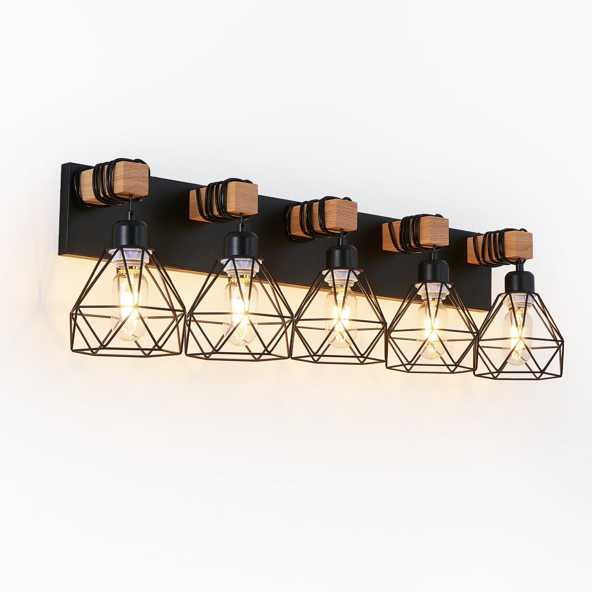5-Light Farmhouse Bathroom Light Fixtures with Black Metal Cage Lampshade Rustic Wood Vanity Light Black and Wood Finish