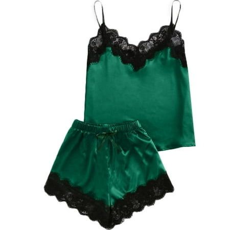 

wendunide pajama set for women Women Sleepwear Sleeveless Strap Nightwear Lace Trim Satin Cami Top Pajama Sets Green L