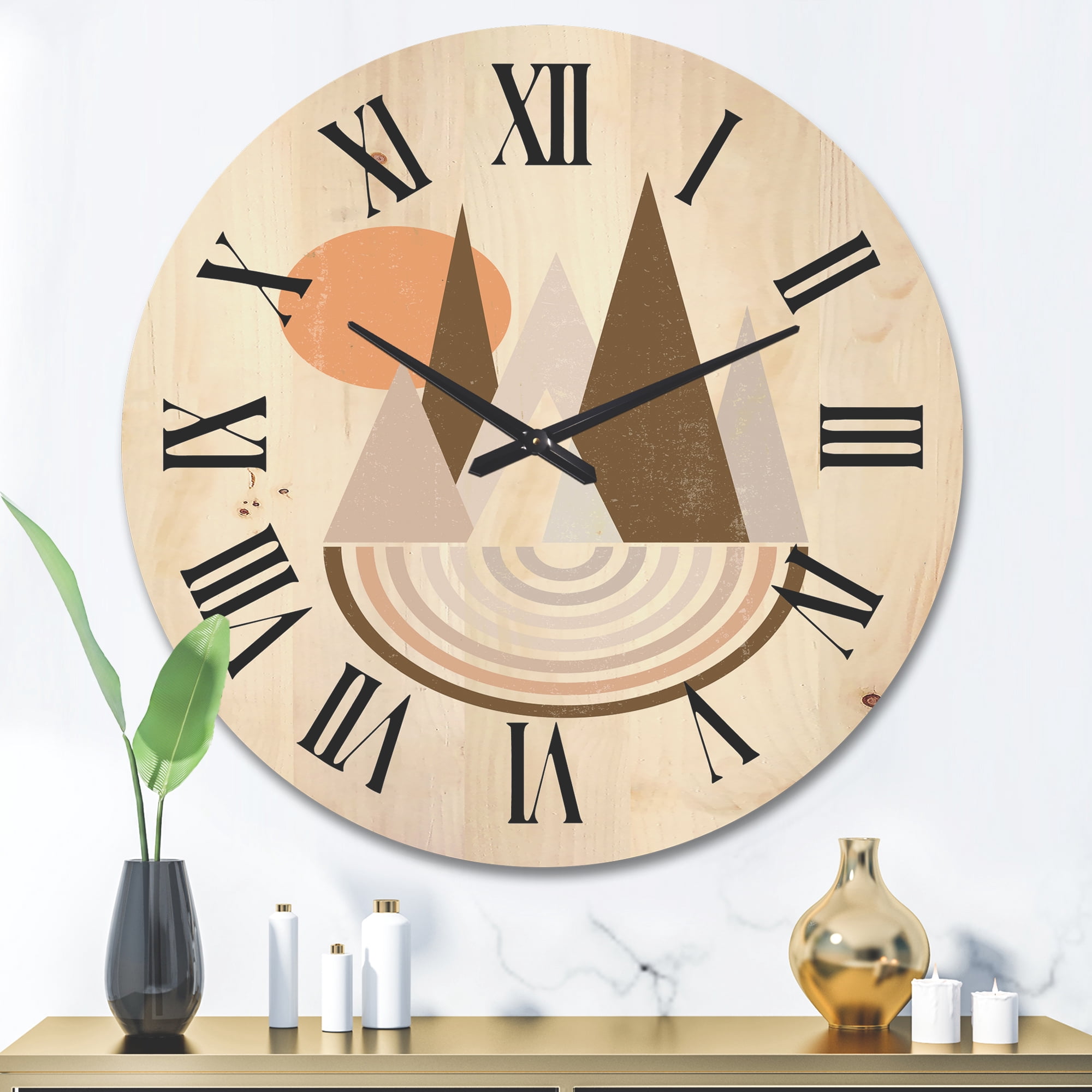 Designart 'Minimalistic Red Full moon Landscape With Mountain' Modern Wood Wall Clock
