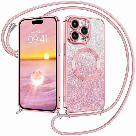 DUEDUE iPhone 15 Pro Case With Lanyard 6.1" Compatible with Magsafe, Glitter Sparkle Shockproof Magnetic Case for iPhone 15 Pro, Pink