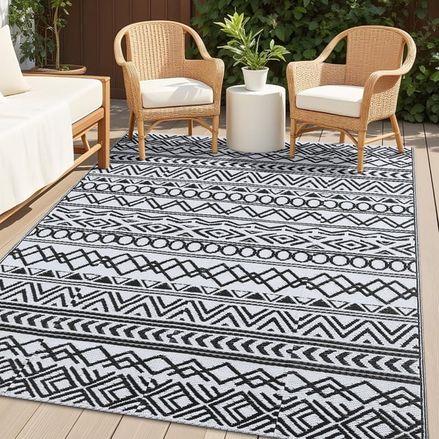 OLANLY Waterproof Outdoor Rug 4x6 ft, Reversible Plastic Patio Rug Outdoor Carpet, Geometric Pattern Large Outdoor Area Rug Deck Rugs for R