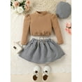 thumbnail image 2 of Wassery 3Pcs Kid Girl Fall Outfit Long Sleeve Mock Neck Drawstring Tops Houndstooth A-Line Skirt Beret Set Little Girls Elegant Clothes, 2 of 9