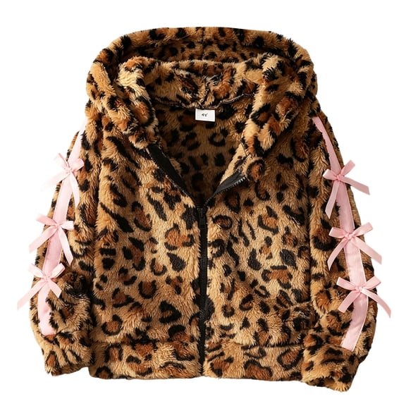 RFQWOVSR Girls Leopard Print Faux Fur Hooded Jacket with Bow Tie Zip Up Winter Coat