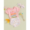 thumbnail image 3 of Suealasg Infant Baby Girls Easter 3Pcs Clothes Sets 3M 6M 12M 18M Short Sleeve Letters Print Romper +Egg Print Shorts +Headband Newborn Girls Summer Casual Outfits, 3 of 9