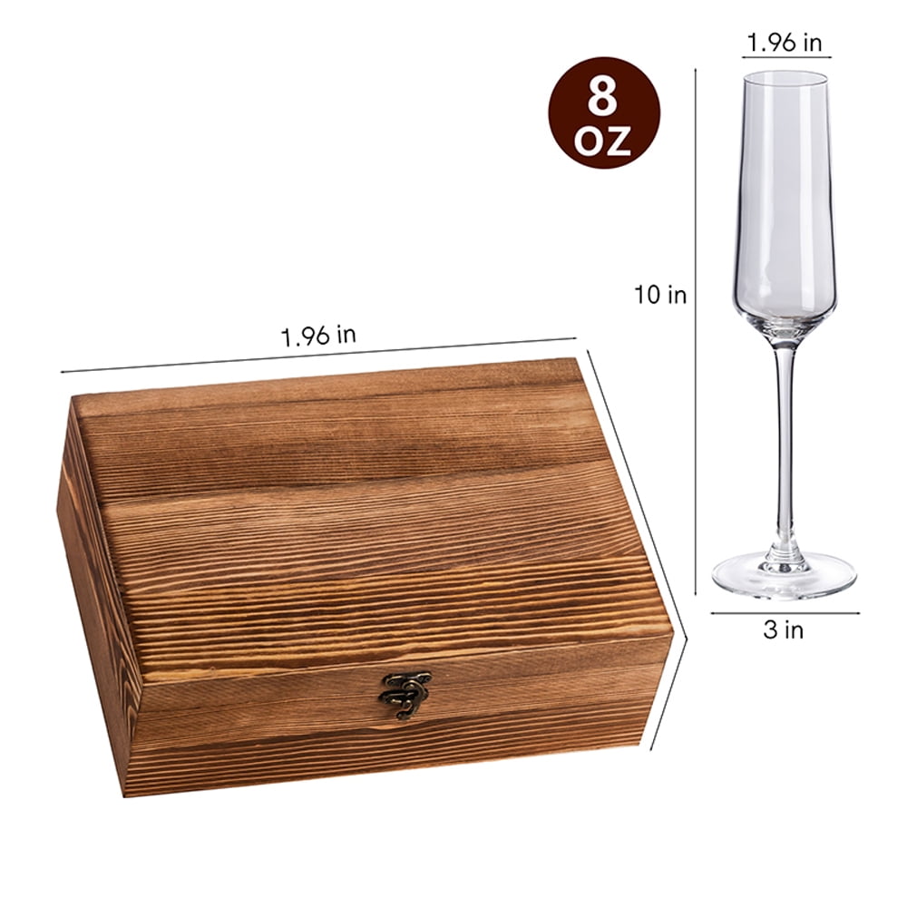 Champagne Flutes Gift Set of 2 with Rustic Wooden Keepsake Box - 8oz Crystal Toasting Glasses, Heart-Shaped Stopper & Corkscrew - Luxury Wedding, Anniversary & Engagement Gifts for Couples