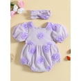 thumbnail image 2 of Suealasg Baby Girl Clothes 3D Flower Short Sleeve Square Neck Jumpsuits Bodysuits with Headband 2Pcs Infant Newborn Girls Summer Birthday Outfits 0-24 Months, 2 of 9