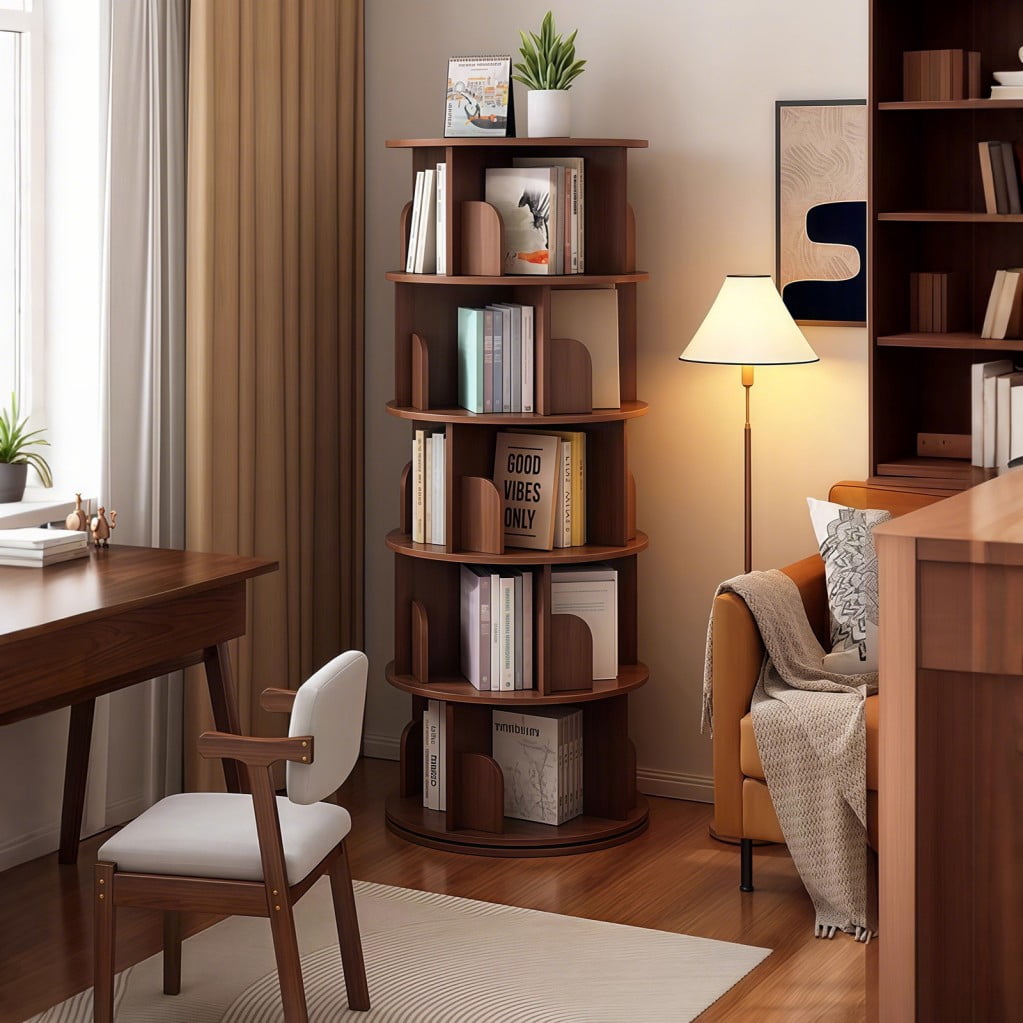 5-Tier Rotating Bookshelf, 360° Spinning Bookcase Tower, Space-Saving Round Display Shelf for Books, Magazines & Decor, Small Space Organizer for Bedroom, Living Room & Office, Walnut
