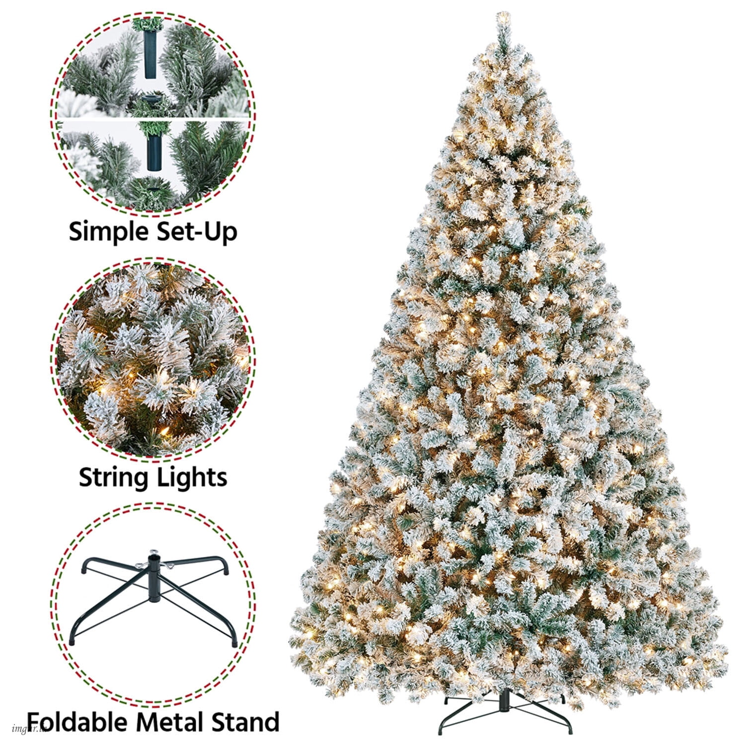 Alden Design 9FT Pre-lit Flocked Christmas Tree with Warm Lights,Hinged Christmas Tree with Foldable Stand,Green&White