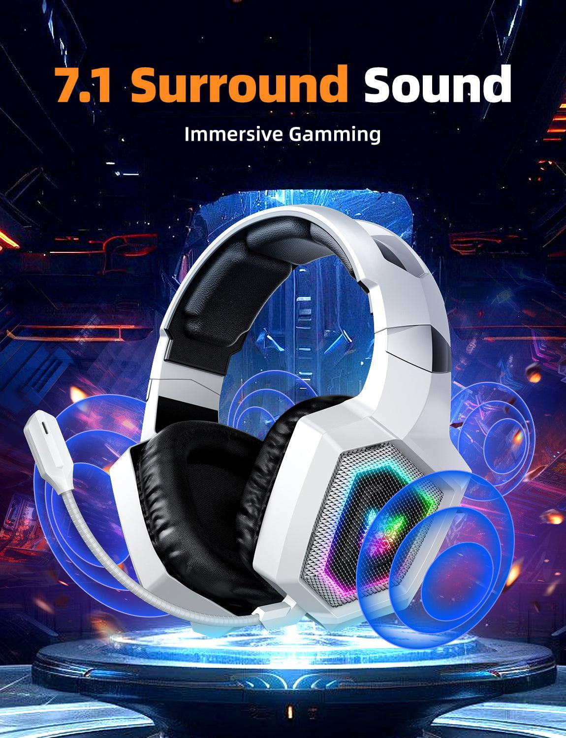 Wireless Gaming Headset for PS5/PC/PS4/Nintendo Switch,2.4G/Bluetooth Gaming Headphones with Detachable Noise Canceling Mic,7.1 Surround Sound,RGB Lighting White