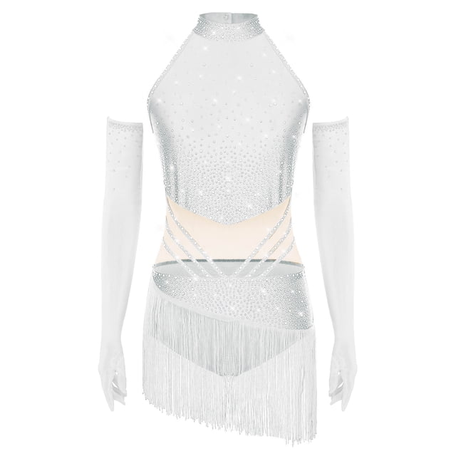 Aiihoo Robe de Danse Latine à Franges pour Femmes Jazz Tango Rumba Justaucorps de Gymnastique avec Gants Blanc G