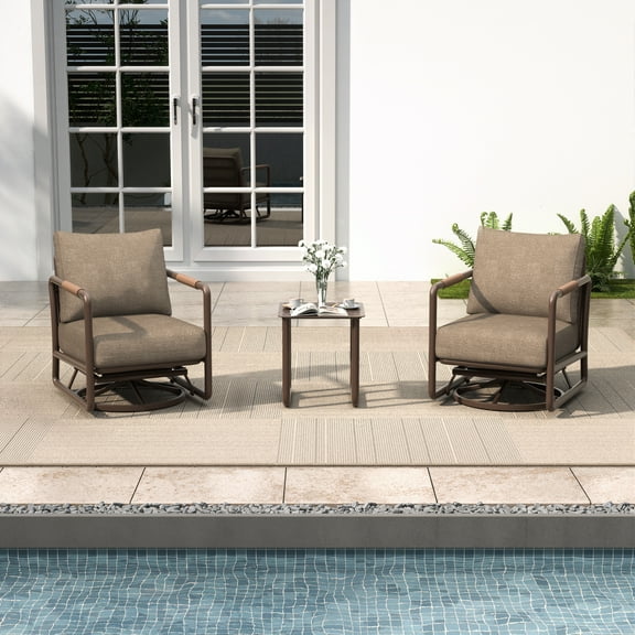 MBY 3-Piece Aluminum Patio Set with Swivel Rocking Chairs and Coffee Table, 6.7" Cushions, All-Weather Outdoor Furniture for Garden, Deck, or Poolside-Brown