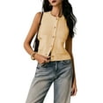 thumbnail image 3 of Womens Cropped Sweater Vest Sleeveless Button Ribbed Knit Crew Neck Cardigan Vests Top with Pockets Yellow M, 3 of 9