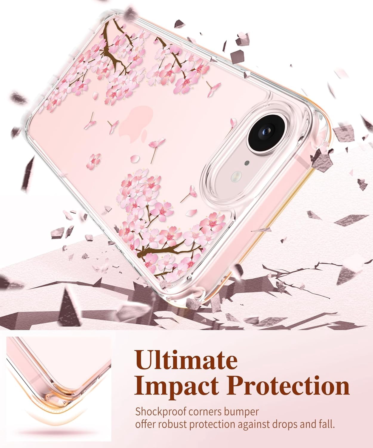 for iPhone 17e Case & iPhone 16e Case, [Non-Yellowing][Military-Grade Protection] Hard PC&TPU Bumper, Floral Shockproof Protective Clear Phone Case (Sakura/Pink)