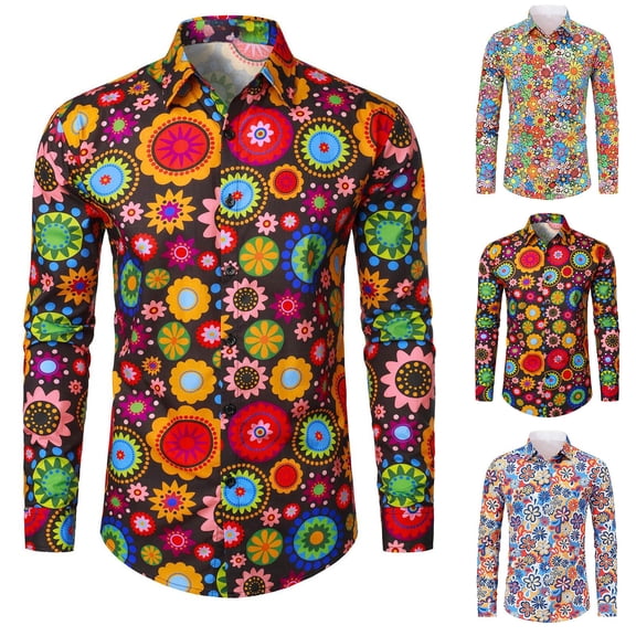70s Outfits for Men Long Sleeve Casual Button Down Shirt Disco Hop Casual Paisley Floral Vintage Shirt Red M